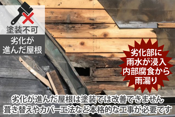 劣化が進んだ屋根は塗装では改善できません。葺き替えやカバー工法など本格的な工事が必要です